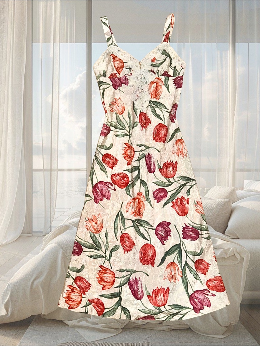 Vintage Cottage Summer Party Floral Flower Cream Long Lace Silky Slip Dress